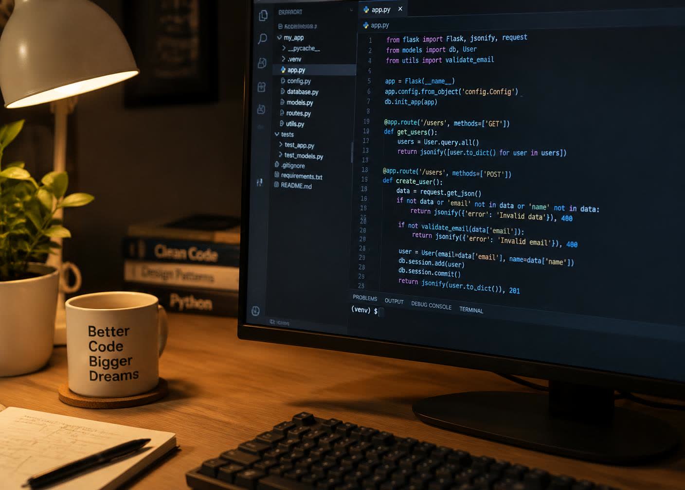 Developer workstation with application code on screen and reference books on the desk