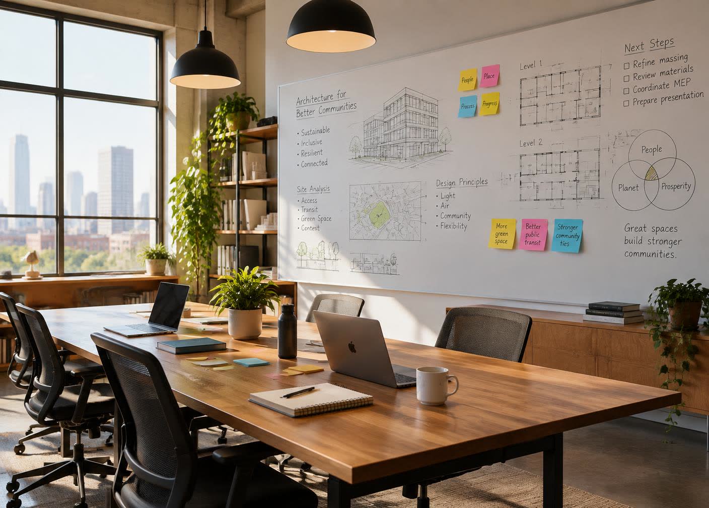 Collaborative workspace with laptops, notebooks and a whiteboard of sketches and planning notes